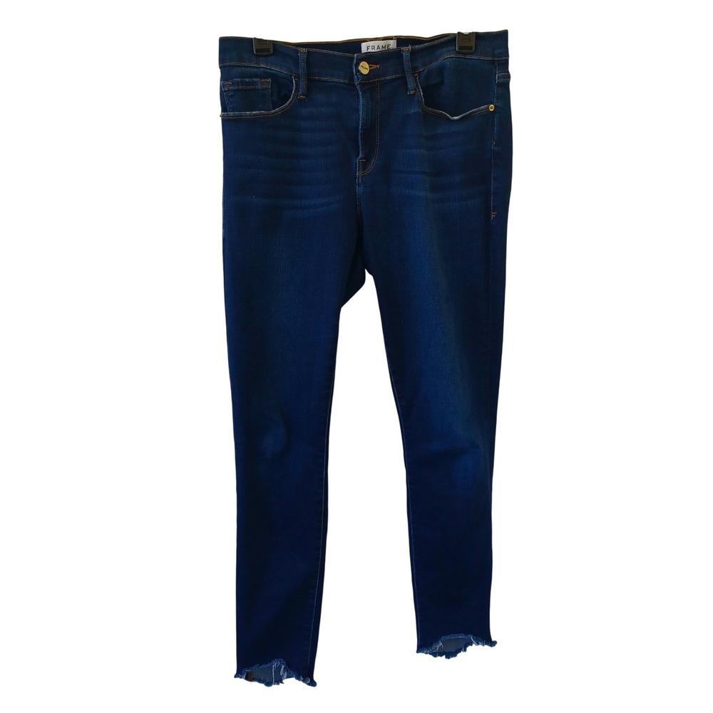 FRAME Denim Skinny Jeans Dark Wash Frayed Step Hem Blue Womens Size 31
